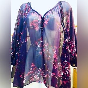 Express Purple Floral Sheer 3/4 Sleeve Flowy Top!